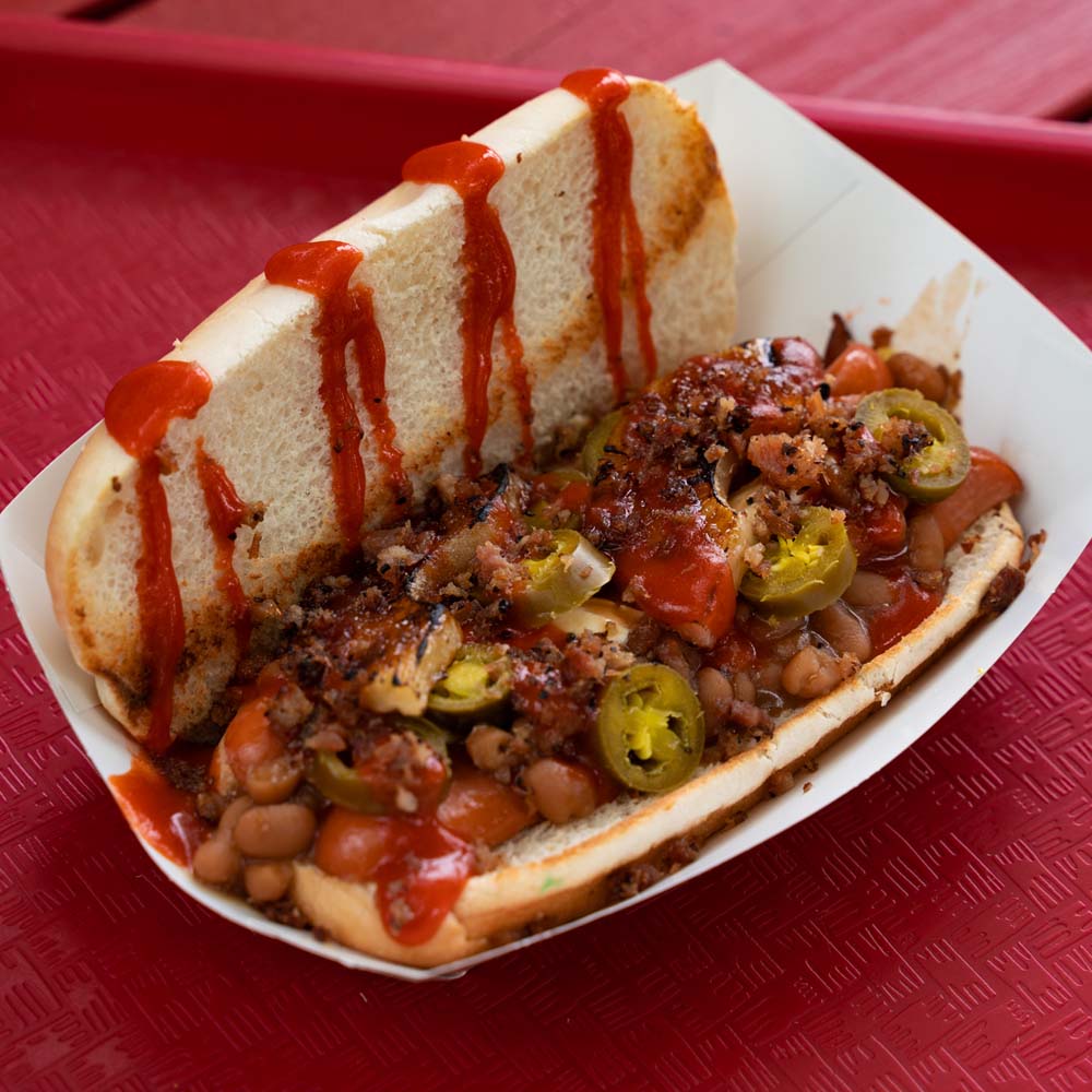 Freshly made Blazing Saddles Wiener is featured at Lucky Louie’s Beer & Wieners.